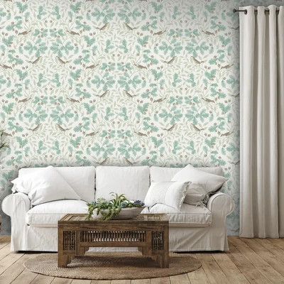 Bájos, tölgyfalevél mintás tapéta makkokkal és énekesrigókkal világos alapon zöld díszítéssel