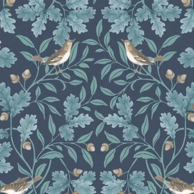   Bájos, tölgyfalevél mintás tapéta makkokkal és énekesrigókkal sötétkék alapon türkiz díszítéssel