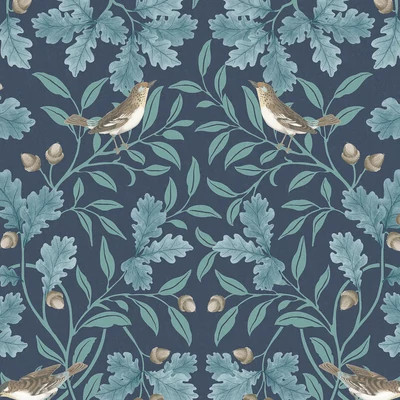 Bájos, tölgyfalevél mintás tapéta makkokkal és énekesrigókkal sötétkék alapon türkiz díszítéssel