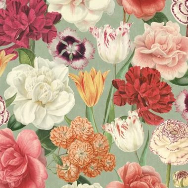   Élénk rózsa, szegfű, tulipán, bazsarózsa, boglárka mintás tapéta zsályazöld alapszínnel