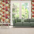 Élénk rózsa, szegfű, tulipán, bazsarózsa, boglárka mintás tapéta zsályazöld alapszínnel