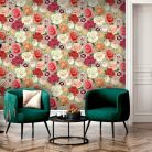 Élénk rózsa, szegfű, tulipán, bazsarózsa, boglárka mintás tapéta zsályazöld alapszínnel