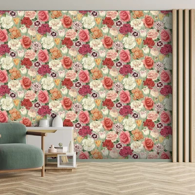 Élénk rózsa, szegfű, tulipán, bazsarózsa, boglárka mintás tapéta zsályazöld alapszínnel