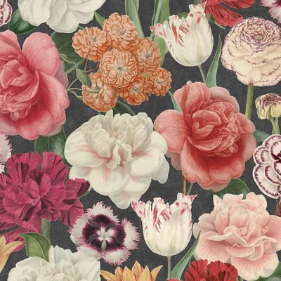 Élénk rózsa, szegfű, tulipán, bazsarózsa, boglárka mintás tapéta fekete alapszínnel