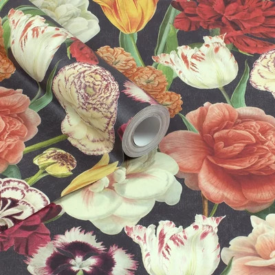 Élénk rózsa, szegfű, tulipán, bazsarózsa, boglárka mintás tapéta fekete alapszínnel