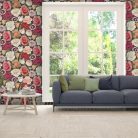 Élénk rózsa, szegfű, tulipán, bazsarózsa, boglárka mintás tapéta fekete alapszínnel