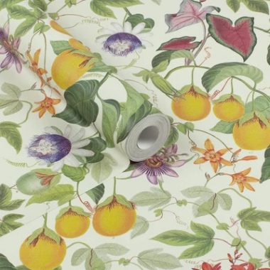   Maracuja gyümölcsös, sűrű mintás, különleges tapéta világos alapszínnel