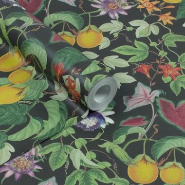   Maracuja gyümölcsös, sűrű mintás, különleges tapéta fekete alapszínnel
