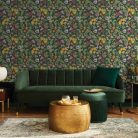 Maracuja gyümölcsös, sűrű mintás, különleges tapéta fekete alapszínnel