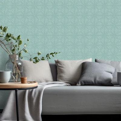 Vintage virágos csempe mintás tapéta vízkék színben