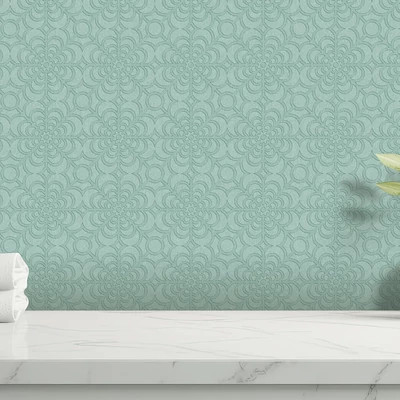 Vintage virágos csempe mintás tapéta vízkék színben