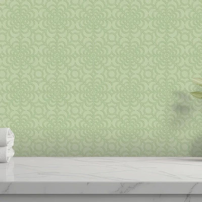 Vintage virágos csempe mintás tapéta zsályazöld színben