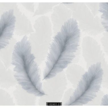   Japandi stílusú fényes fehér alapon ezüst és szürkéskék  színű tollas  tapéta 
