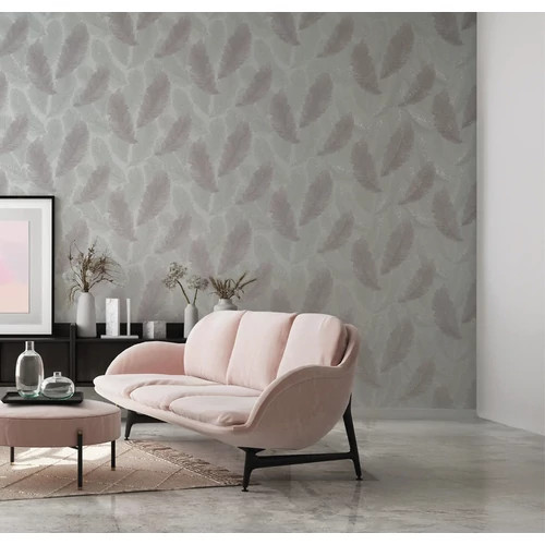 Japandi stílusú fényes krémszínű alapon bézs gyöngyház színű tollas  tapéta 