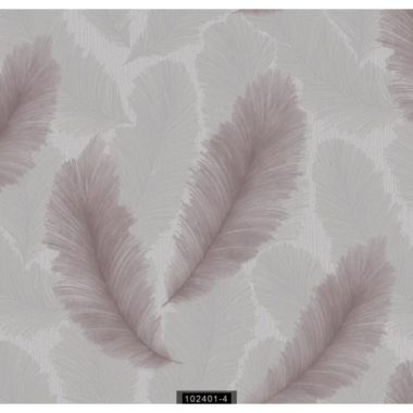   Japandi stílusú fényes fehér alapon ezüst és mályva színű tollas  tapéta 