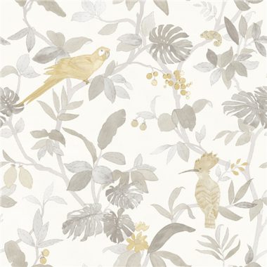   Fehér alapon ága, leveles, papagájos, kaméleonos vlies dekor tapéta