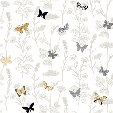   Fehér alapon szürke arany pillangó mintás növényes dekor vlies tapéta