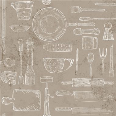   Szürkés bézs színű konyhai evőeszközök mintás vlies dekor tapéta - kés, bögre, vágódeszka, serpenyő mintával