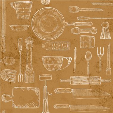   Okker színű konyhai evőeszközök mintás vlies dekor tapéta - kés, bögre, vágódeszka, serpenyő mintával
