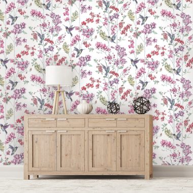   Fehér alapon színes virág és kolibri mintás papír tapéta 