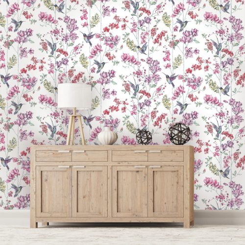 Fehér alapon színes virág és kolibri mintás papír tapéta 