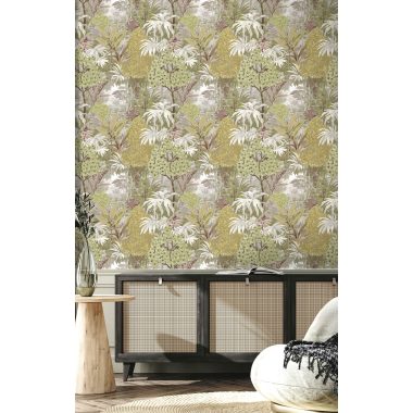   Zöld alapon fehér, szürke és bordó levél és fa mintás színes vlies dekor tapéta 