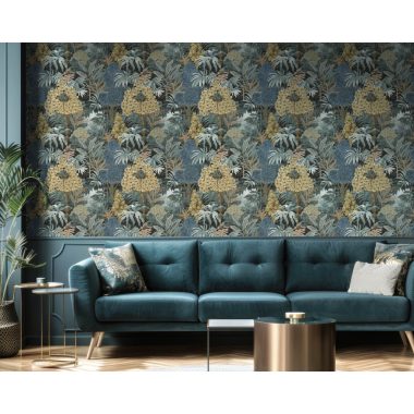   Türkiz alapon kék és barna színű levél és fa mintás színes vlies dekor tapéta 