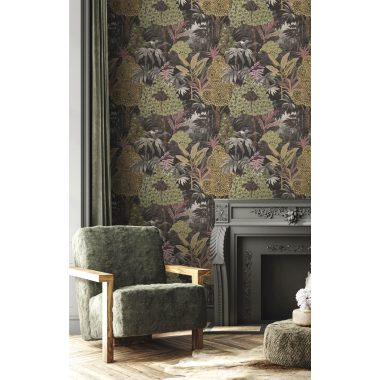   Fekete alapon szürke, zöld, rózsaszín levél és fa mintás színes vlies dekor tapéta 