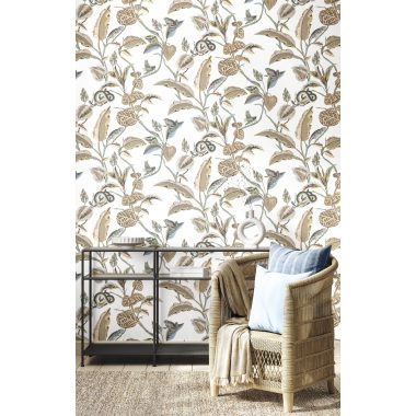   Fehér alapon levél és inda mintás vlies dekor tapéta békával, kaméleonnal, kígyóval és rovarral