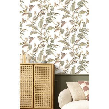   Fehér alapon levél és inda mintás vlies dekor tapéta békával, kaméleonnal, kígyóval és rovarral