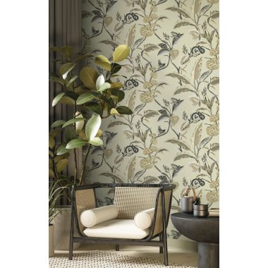   Halványzöld alapon levél és inda mintás vlies dekor tapéta békával, kaméleonnal, kígyóval és rovarral