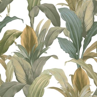   Fehér alapon zöld és türkiz sokszínű levél mintás vlies dekor tapéta 