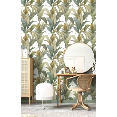   Fehér alapon zöld és türkiz sokszínű levél mintás vlies dekor tapéta 