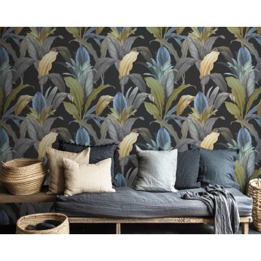   Türkiz alapon zöld, kék, rózsaszín és barna sokszínű levél mintás vlies dekor tapéta