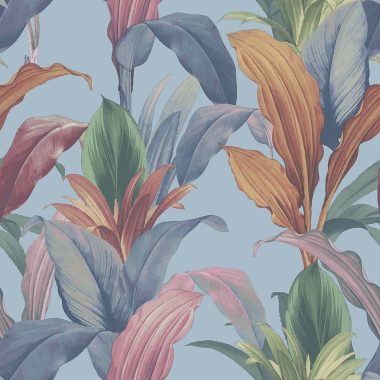   Kék alapon zöld, rózsaszín, barna  sokszínű levél mintás vlies dekor tapéta