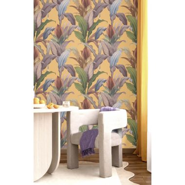   Sárga alapon zöld, kék, lila, barna sokszínű levél mintás vlies dekor tapéta