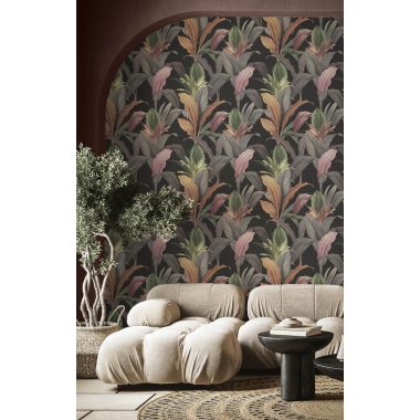   Fekete alapon zöld, rózsaszín, barna sokszínű levél mintás vlies dekor tapéta