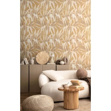 Sárga bézs levél mintás vlies dekor tapéta