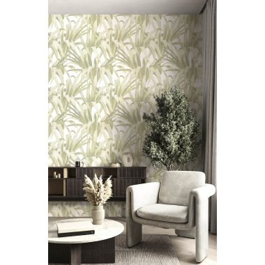  Fehér alapon halványzöld levél mintás vlies dekor tapéta