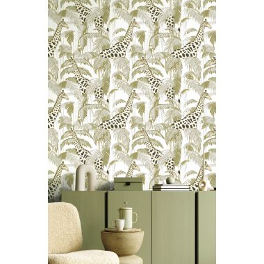   Fehér alapon halványzöld levél mintás dekor vlies tapéta zsiráffal