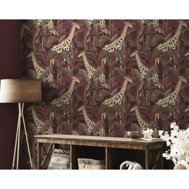   Bordó alapon arany levél mintás dekor vlies tapéta zsiráffal