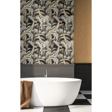  Fekete alapon szürke, fehér és arany levél mintás dekor vlies tapéta zsiráffal