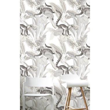   Fehér alapon szürke levél és állat mintás  vlies dekor tapéta majommal, makival 