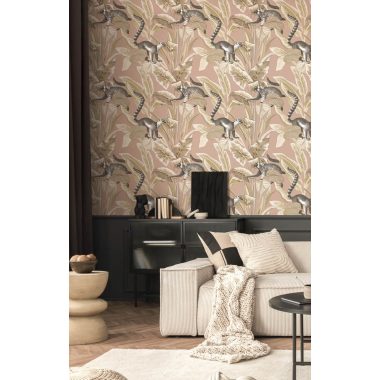   Rózsaszín alapon bézs, fehér levél és szürke állat mintás vlies dekor tapéta majommal, makival 
