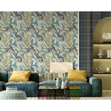   Türkiz alapon kék, szürke levél és állat mintás vlies dekor tapéta majommal, makival 