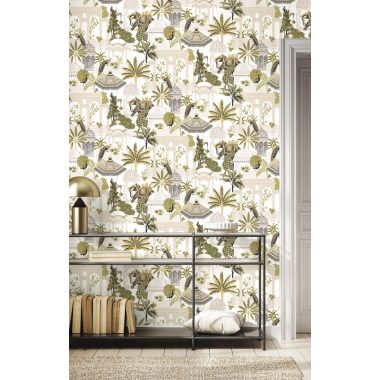   Fehér alapon színes mintás indiai hangulatú vlies dekor tapéta, elefánttal, pávával, épülettel