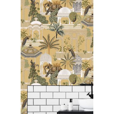   Sárga alapon színes mintás indiai hangulatú vlies dekor tapéta, elefánttal, pávával, épülettel