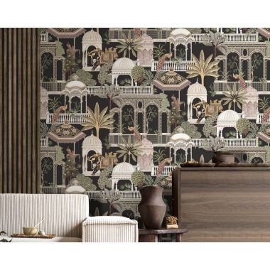   Fekete alapon színes mintás indiai hangulatú vlies dekor tapéta, elefánttal, pávával, épülettel