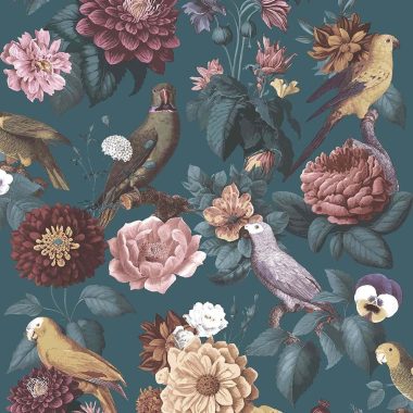   Kék alapon sokszínű virágos, madaras, papagájos vlies dekor tapéta