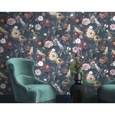   Kék alapon sokszínű virágos, madaras, papagájos vlies dekor tapéta